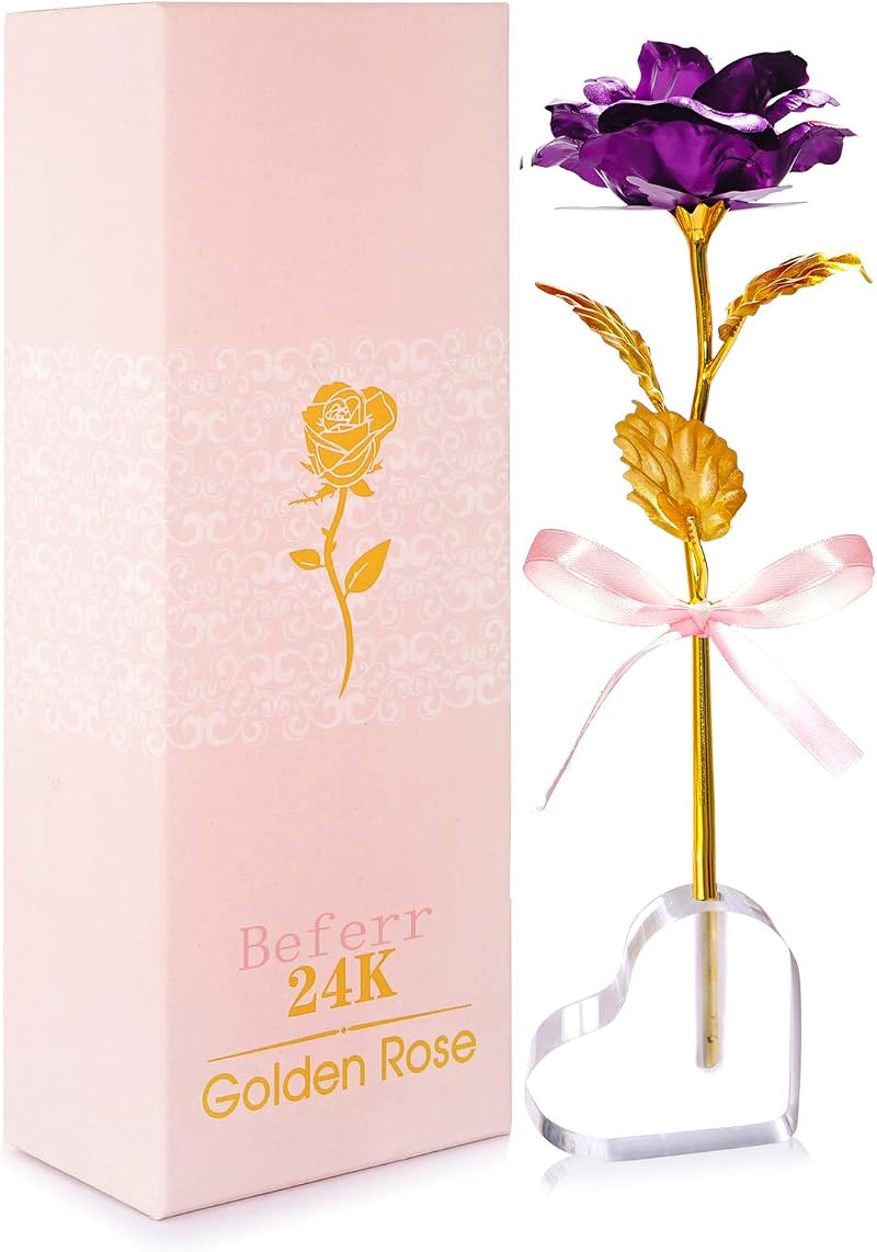 Beferr Forever Rose Gift for Mum Purple Rose with Heart Glass Base