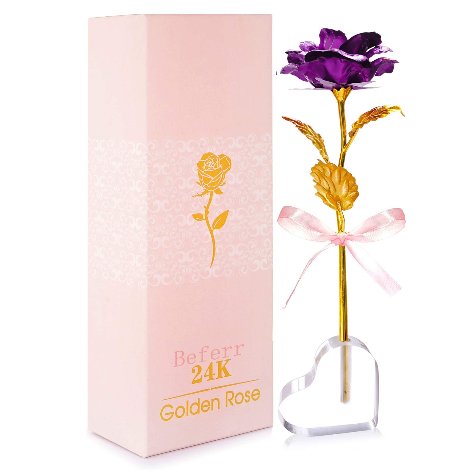Beferr Mothers Day Rose Gifts for Mum from Daughter Son Golden Foil Forever Rose Purple Flower Gift with Heart Stand, Birthday Gifts for Women Her Mum Girlfriend Grandma Wife Sister Daughter