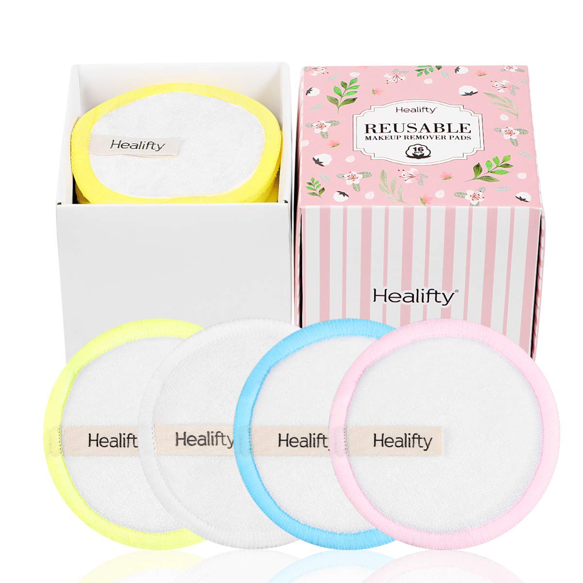 Healifty Reusable Cotton Pads - 16PCS - Bamboo Makeup Remover Pads with Laundry Bag, Soft, 3 Layer Thicken, Diameter 8cm