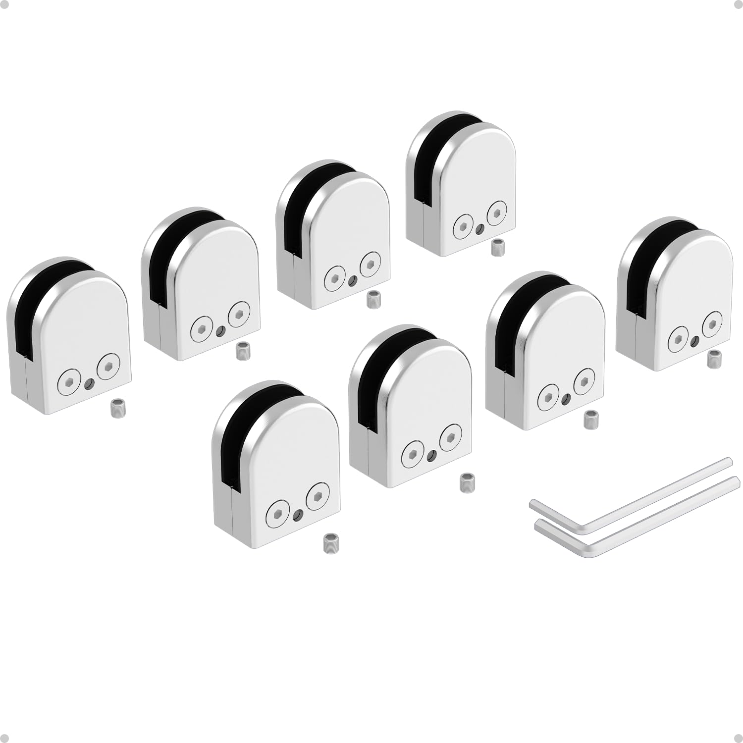 ROFMAPLE Glass Clamps, 8 PCS 8-10mm Adjustable Stainless Steel​ 304 Glass Bracket Flat Back with Micro-Adjust Screws, Hexagonal Wrench for Balustrade Stair Handrail Silver