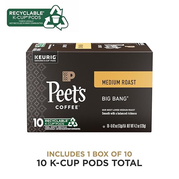 PEET’S COFFEE, MEDIUM ROAST KEURIG K-CUP PODS, 100% ARABICA COFFEE – BIG BANG 10 COUNT (1 BOX OF 10 PODS)