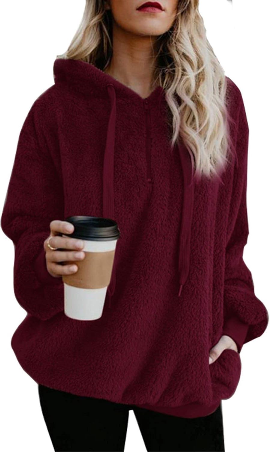 ReachMe Womens Oversized Sherpa Pullover Hoodie with Pockets Fuzzy Fleece Sweatshirt Fluffy Coat: Clothing
