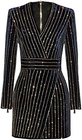 Women's Rhinestone Embellished Long Sleeves V Neck Velvet Bandage Cocktail Dress (S, Black1)