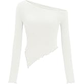 Zenlonr Womens Long Sleeve Shirts Fall Outfits 2025 Off The Shoulder Tops Asymmetrical Fitted Knit T Shirts Going Out Tops