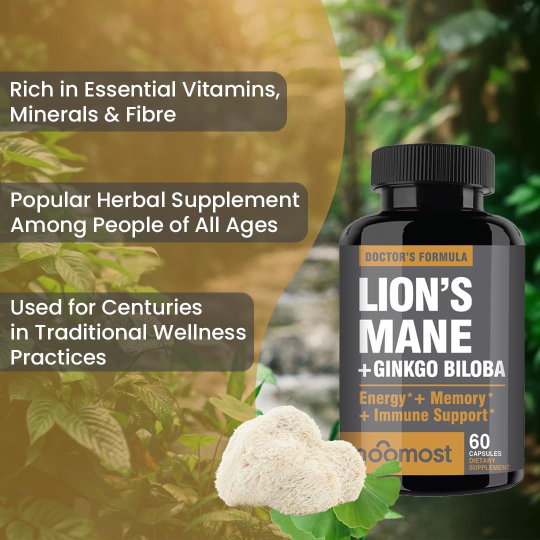 NooMost Lions Mane Supplement Organic Capsules - with Ginkgo Biloba - Cognitive Health, Focus & Memory Support - Natural Superfood for Brain, Energy & Immune Health - 60 Capsules - 2 Month Supply