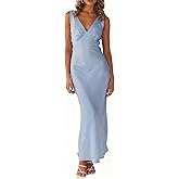 Yixinjew Summer Satin V Neck Backless Maxi Dresses for Women 2026 Silk Sleeveless Formal Bridesmaid Wedding Guest Dress