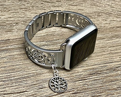 Silver Brushed Aluminum Metal Bracelet For Apple Watch 38mm All Series Handmade Flowers Design Jewelry Band for Apple Watch Vintage Tree Of Life Charm Adjustable Size Fashion Accessory Wristband - Thumbnail 7