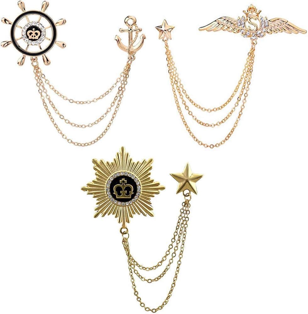 Huture 3-Pack Men's Elegant Wing Tassel Chain & Shield Lapel Pin Badge Brooch - Gold, Pequeño