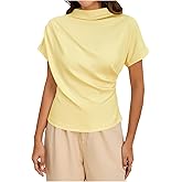 SweatyRocks Women's Casual Short Sleeve Mock Neck Tee Top Asymmetric Ruched Plain T Shirt