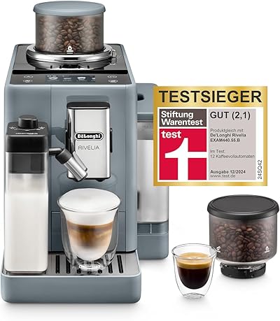 De’Longhi Rivelia - Perfetto Kaffeevollautomat mit LatteCrema-Milchaufschäumer, 16 One-Touch-Getränke, farbiges Touch-Display, austauschbare Bohnenbehälter, Grau (EXAM440.55.G)