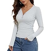 PrettyGuide Women's Cotton Long Sleeve Shirts Casual V Neck Henley Tops Slim Fit Fall Basic Tees T Shirt