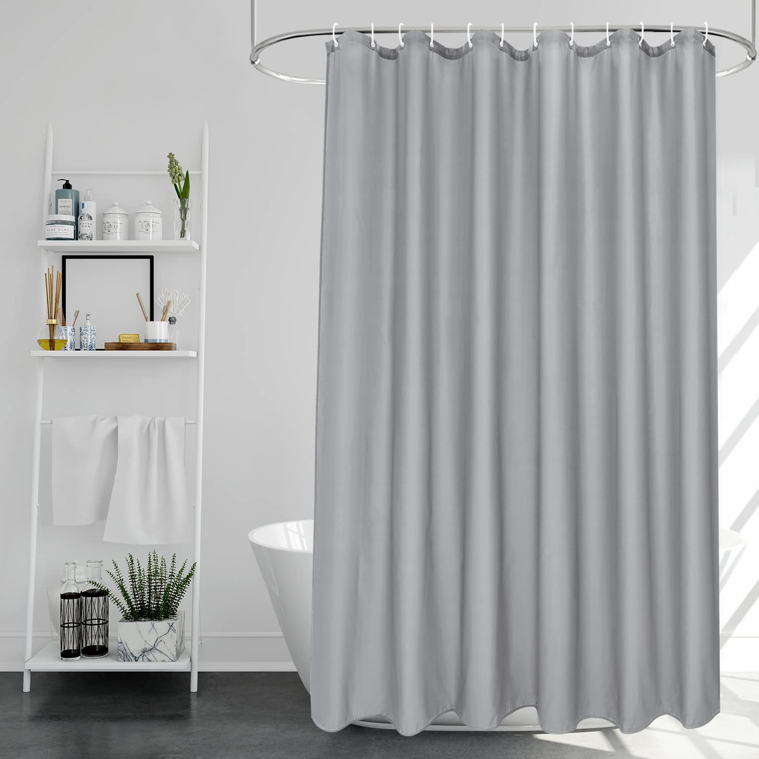 EurCross Grey Shower Curtains Mould Proof Resistant Washable, Quick Dry Water-resistant Fabric Bathroom Shower Curtain 180 x 180cm Drop with 12 Plastic Hooks
