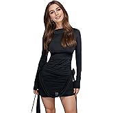 Women's Elegant Floral Applique Mini Dress Sexy Ruched Long Sleeve Bodycon Dress Slim Fit Short Party Dress