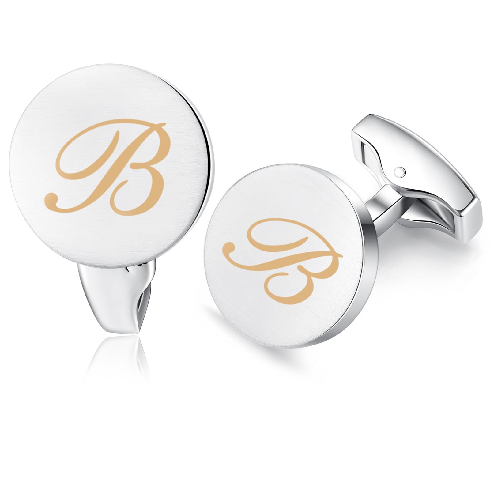 HONEY BEAR Initial Alphabet Letter Cufflinks for Men, Silver Round Shape Wedding Business Gifts A - Z (One pair B)