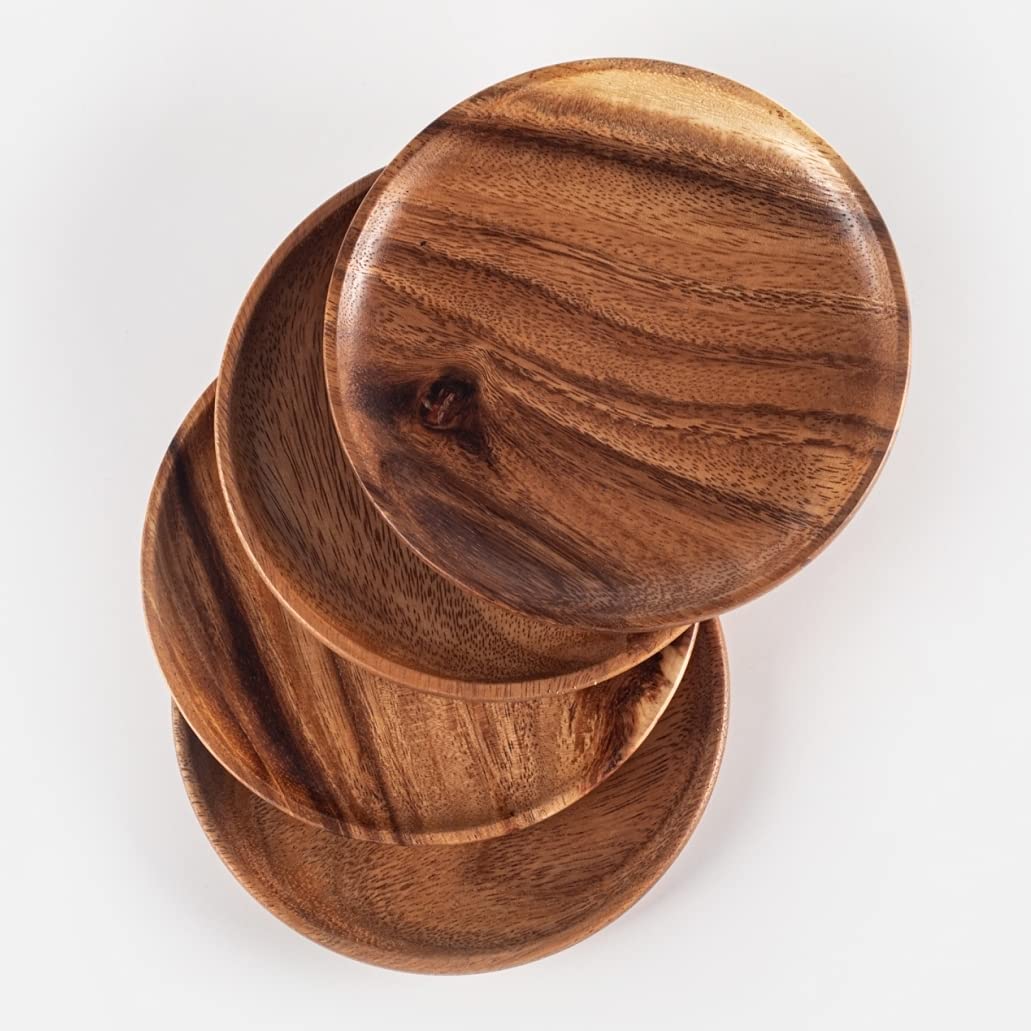 Gourmet Acacia Wood Charger Plates: Decorative Appetizer Serving Trays Set of 4 for Desert | Hand-crafted Solid Piece of Acacia Wood Plates | Perfect for Summer Outdoor Table Setting (6" x 6")