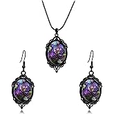SONZERA Gothic Rose Necklace Earrings Set for Women Dark Rose Emboss Pendant Necklace Vintage Mystic Witch Jewelry Set Cameo Halloween Costumes Accessories