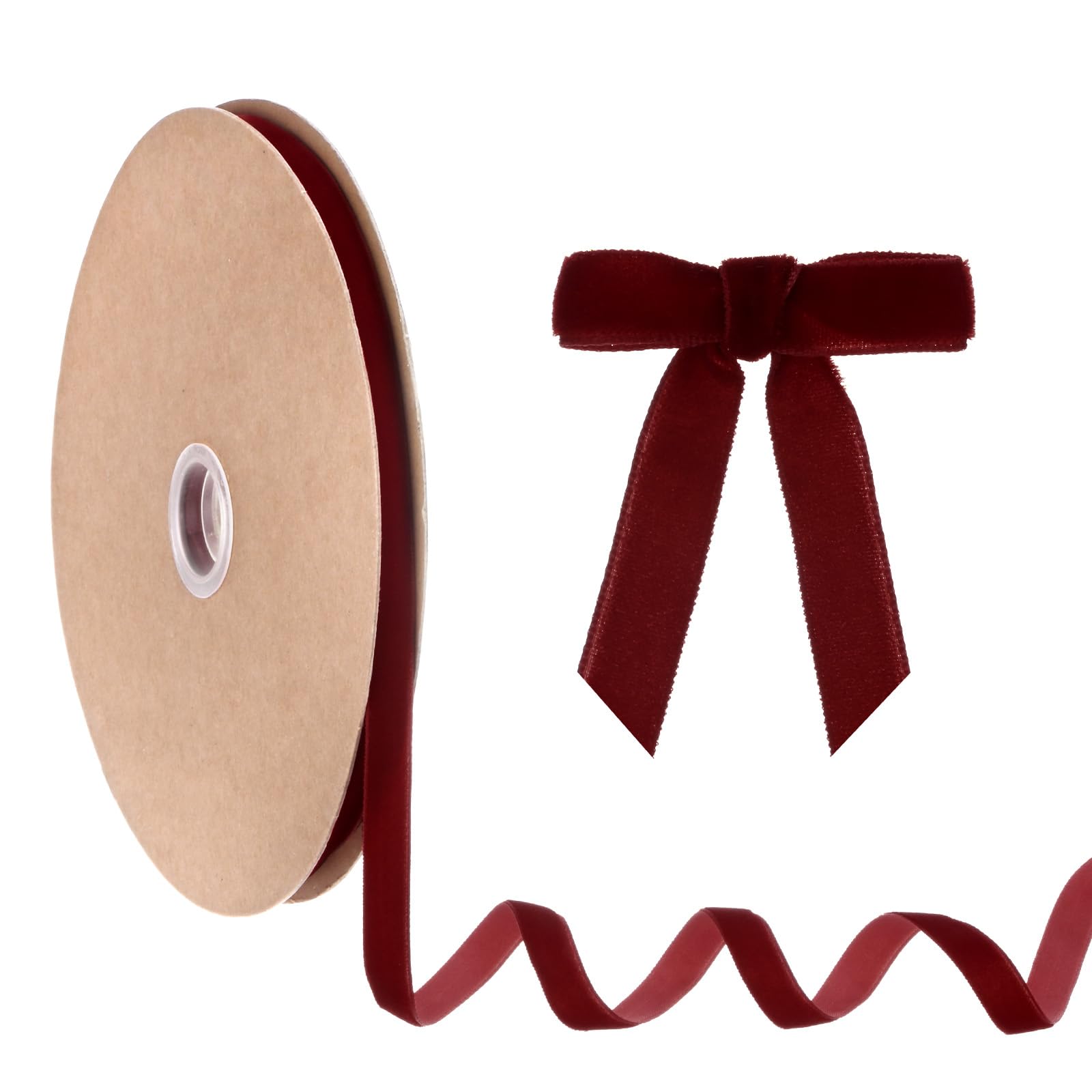 M METERXITY Thin Velvet Ribbon, 3/8'' 25 Yards Single Side Christmas Ribbon for Christmas Tree/Gift Wrapping/Flower Bouquet/Wreath Decorations/Bow Making/Handmade Crafts [Wine Red]