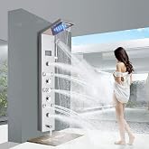 FUZMONOERE Contemporary Shower Panel Tower System Brushed Nickel | Stainless Steel 6-Function Faucet LED Rainfall Waterfall Shower Head + Handheld Sprayer + Rain Massage Body Jets + Tub Spout