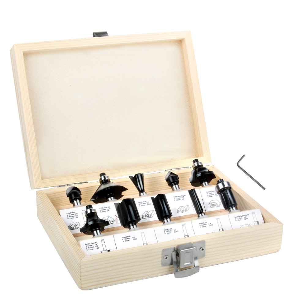Clearance Sale! Enertwist Tungsten Carbide Router Bit Set 1/4 Inch Shank - 10 Pieces Router Bits in Wood Storage Case for Enertwist ET-RT-710S Compact Router Tool, ET-RTA-10