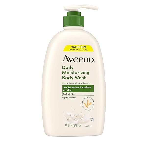 AVEENO DAILY MOISTURIZING BODY WASH FOR WOMEN AND MEN FOR DRY & SENSITIVE SKIN, PARABEN, SOAP & DYE-FREE, GENTLE SHOWER CLEANSER, DERMATOLOGIST RECOMMENDED BRAND, LIGHTLY SCENTED, 33 FL OZ