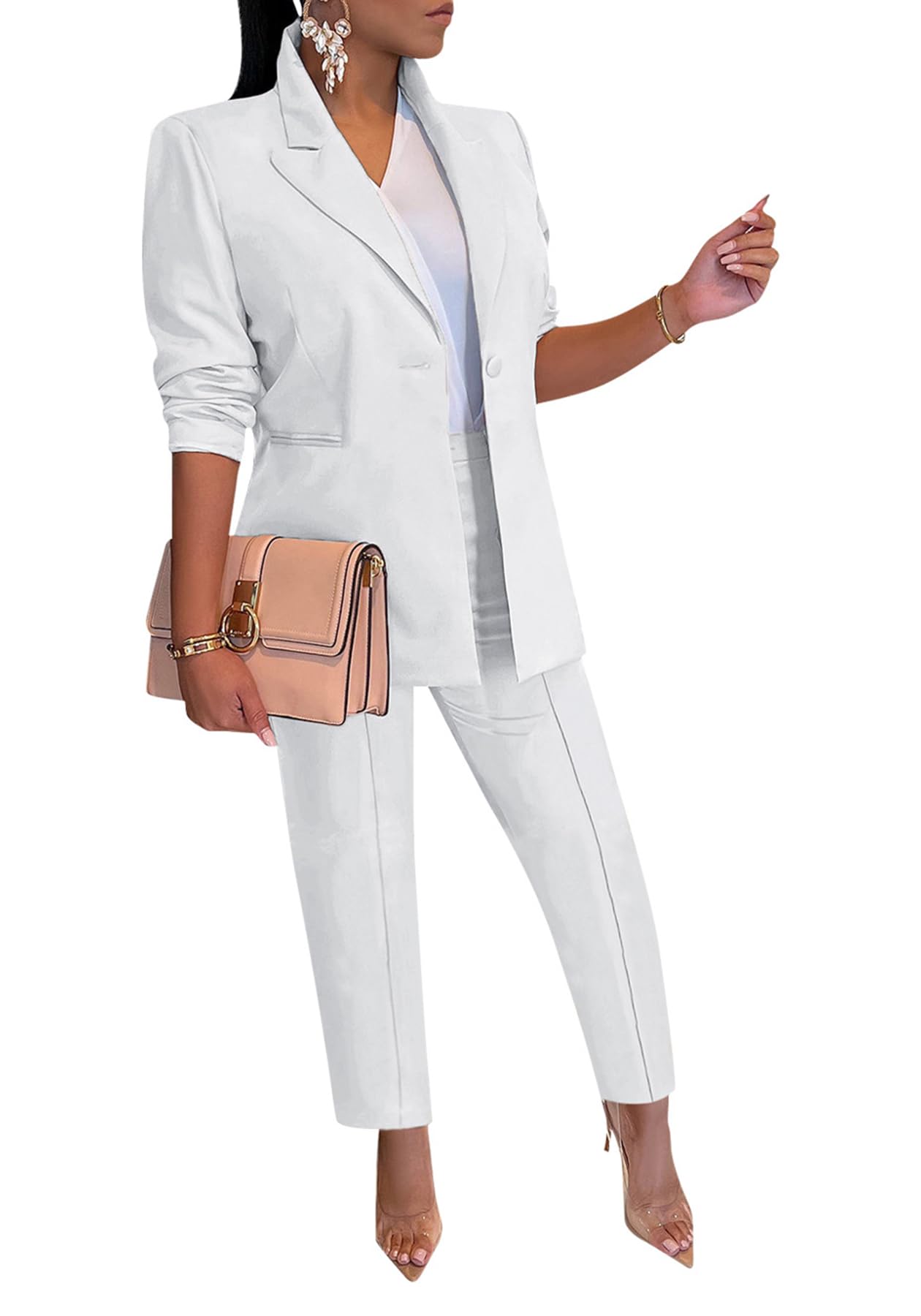 Photo 1 of Womens 2 Pieces Long Sleeve Business Blazer Jackets with Pencil Pants Suits Elegant Solid Fall Outfits White