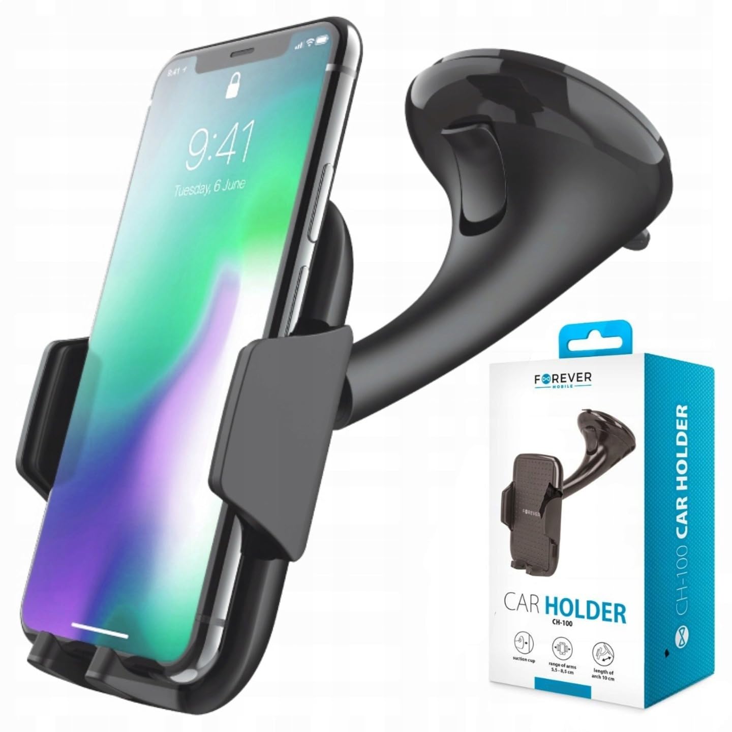 FOREVER Universal Car Holder, CH-100, Rotating Mount for Smartphones up to 6.5inch, Black