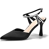 Coutgo Womens High Heels Closed Pointed Toe Satin Pumps Pearl Ankle Strap Wedding Party Dress Shoes