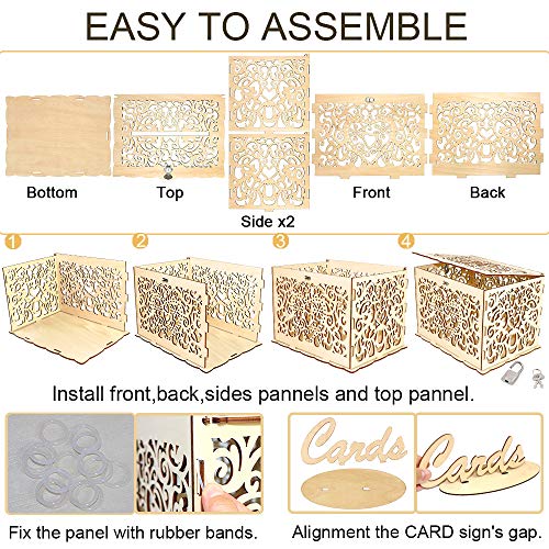 Wedding Card Box, Angela&Alex Wooden Gift Card Holder DIY Hollow Wedding Money Boxes with Lock and Card Sign Cards Hold up 300 Cards for Wedding Reception Anniversary Baby Shower Birthday Party Decora