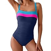 Eomenie Women's One Piece Swimsuit Tummy Control Ruched Bathing Suit Full Coverage Slimming Swimwear Color Block Swim Suit