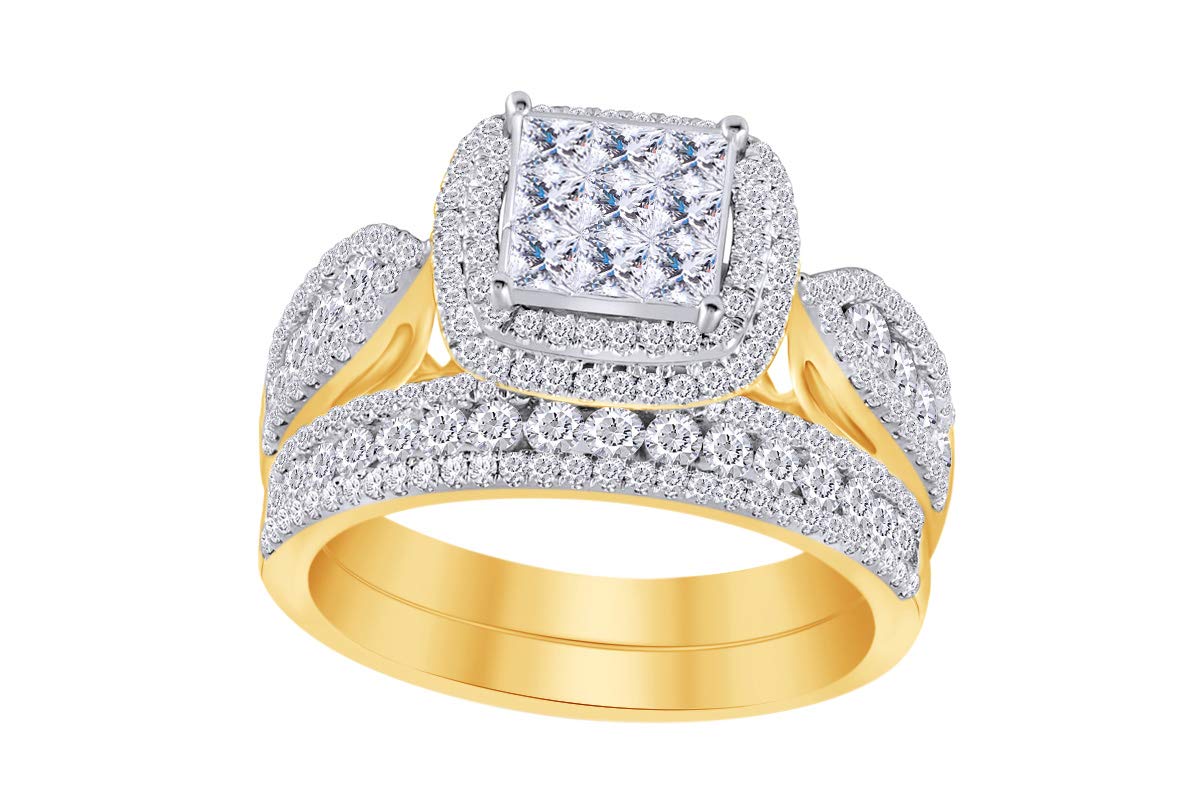 1 1/2 Cttw Womens Princess Natural Diamond Bridel Wedding Ring Band Set 14Kt Solid Gold (I-J Color, 
