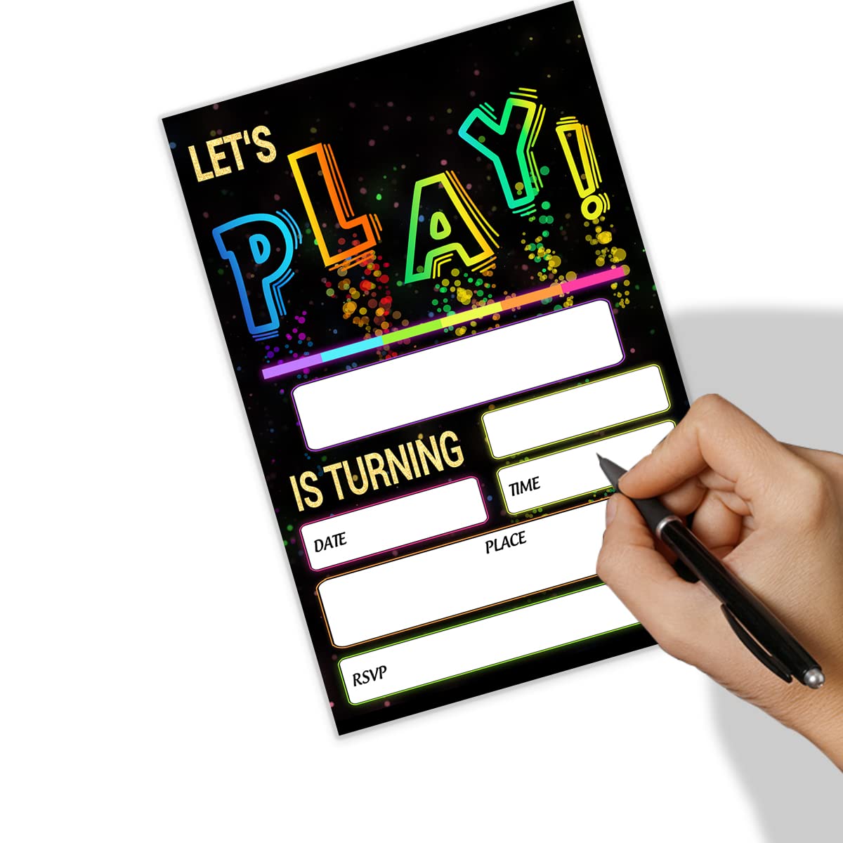 Glow Let's Play Birthday Party Invitations For Boys Girls, Neon Party Invites For Kids, Double Sided Design(20 Cards + Envelopes)