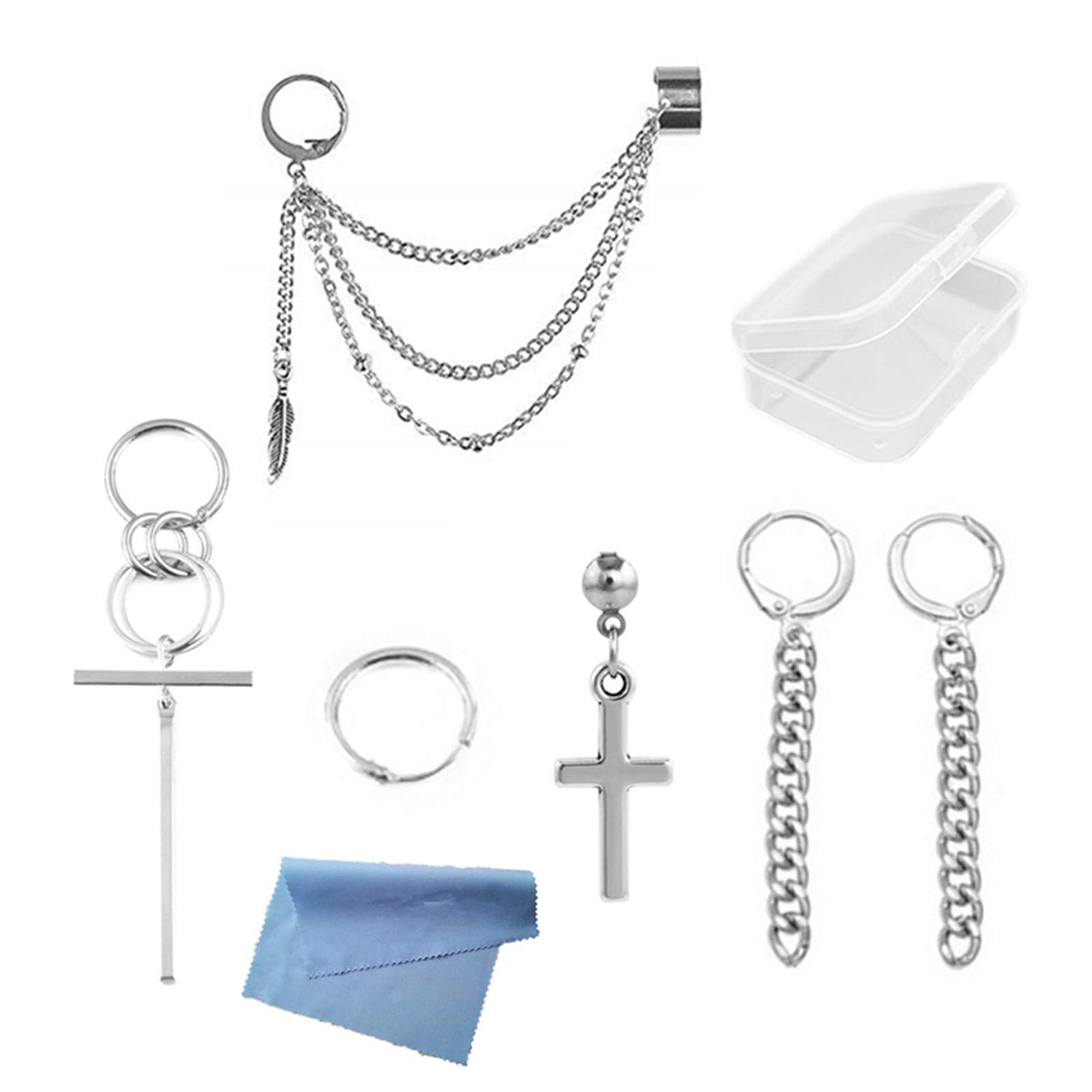 XHBTS 6 Pieces Stainless Steel Unisex Huggie Hoop Earrings for Men Women Cool Dangle Stud Earring Piercing Set with Transparent Box