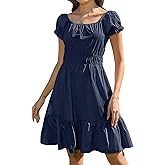 Alaster Queen Womens Summer Dresses 2025 with Pockets Casual Puff Sleeve Square Neck A Line Off The Shoulder Dress