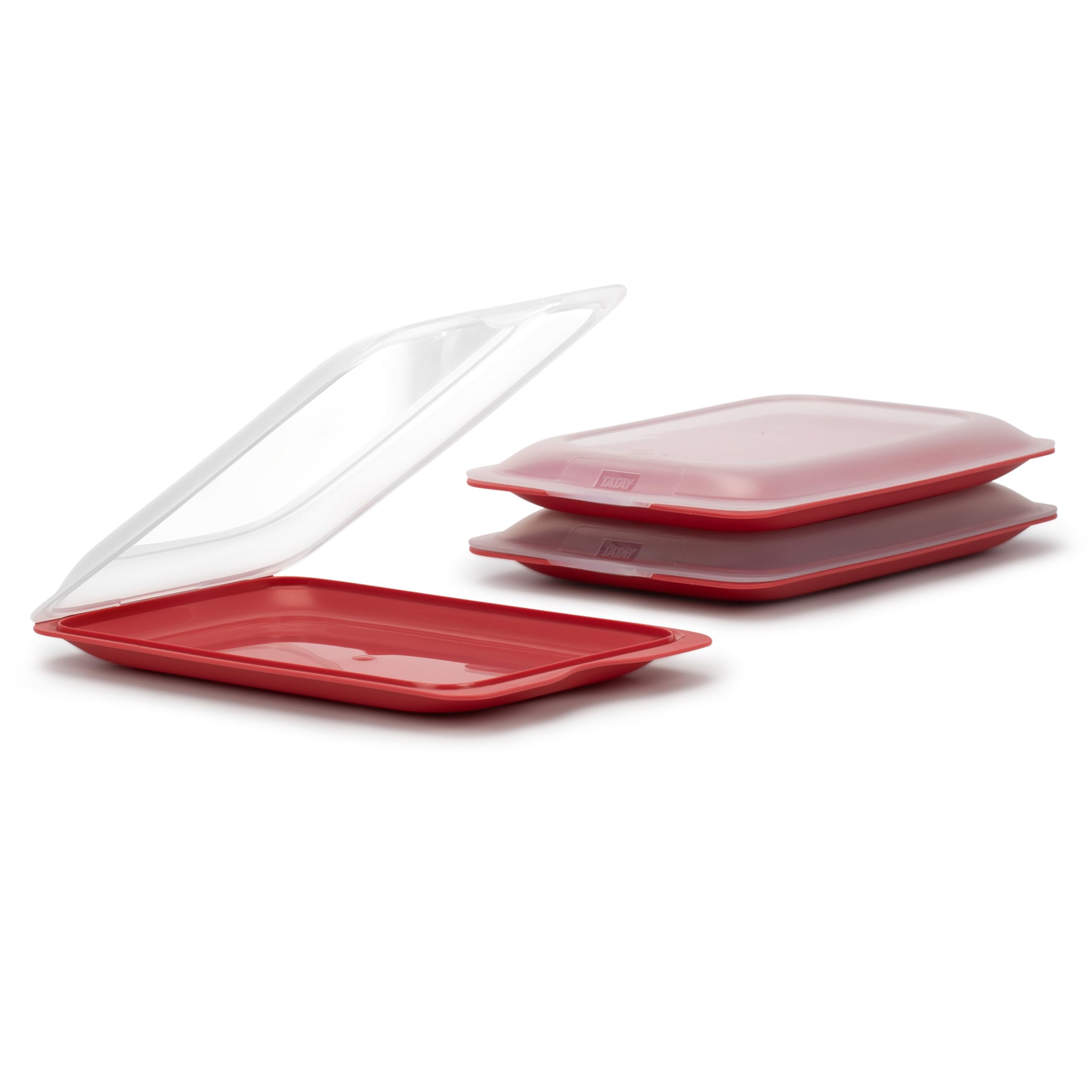 TATAY Cold Meat Containers for Fridge | Set of 3 Standard | Fridge Storage | Removable Lid, Stackable | Microwave, Freezer and Dishwasher Safe | BPA-Free, 17 x 3.2 x 25.2 cm, Colour Cranberry