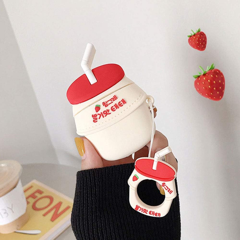 UR Sunshine AirPods Case, Super Cute Creative Drink Yogurt Bottle Shape Soft Silicone Case Cover Protective Skin for AirPods+Ring Lanyard-White Strawberry