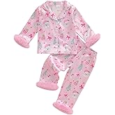 Kuriozud Kids Toddler Girl Satin Pajamas Fuzzy Trim Long Sleeve Button Down Shirt Top and Pants 2pcs Pjs Sets Sleepwear