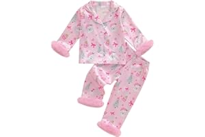 Kuriozud Kids Toddler Girl Satin Pajamas Fuzzy Trim Long Sleeve Button Down Shirt Top and Pants 2pcs Pjs Sets Sleepwear