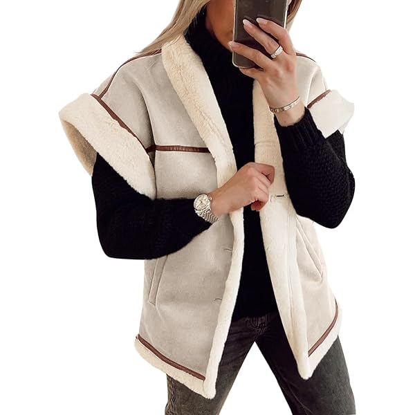 IMISSILLEB Women Leather Sherpa Vest Fur Collar Sleeveless Zipper