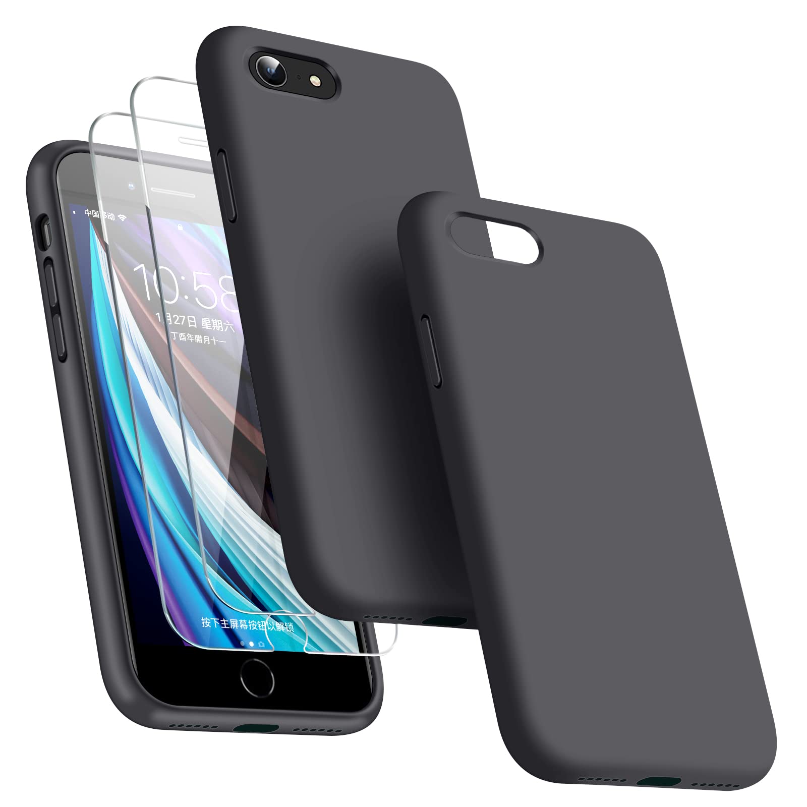 Photo 1 of Dssairo [3 in 1 for iPhone SE case 2022/3rd/2020/2nd gen, iPhone 7/8 case?with 2 Pack Screen Protector, Liquid Silicone Ultra Slim Shockproof Protective Phone Case [Microfiber Lining] (Space Gray)…