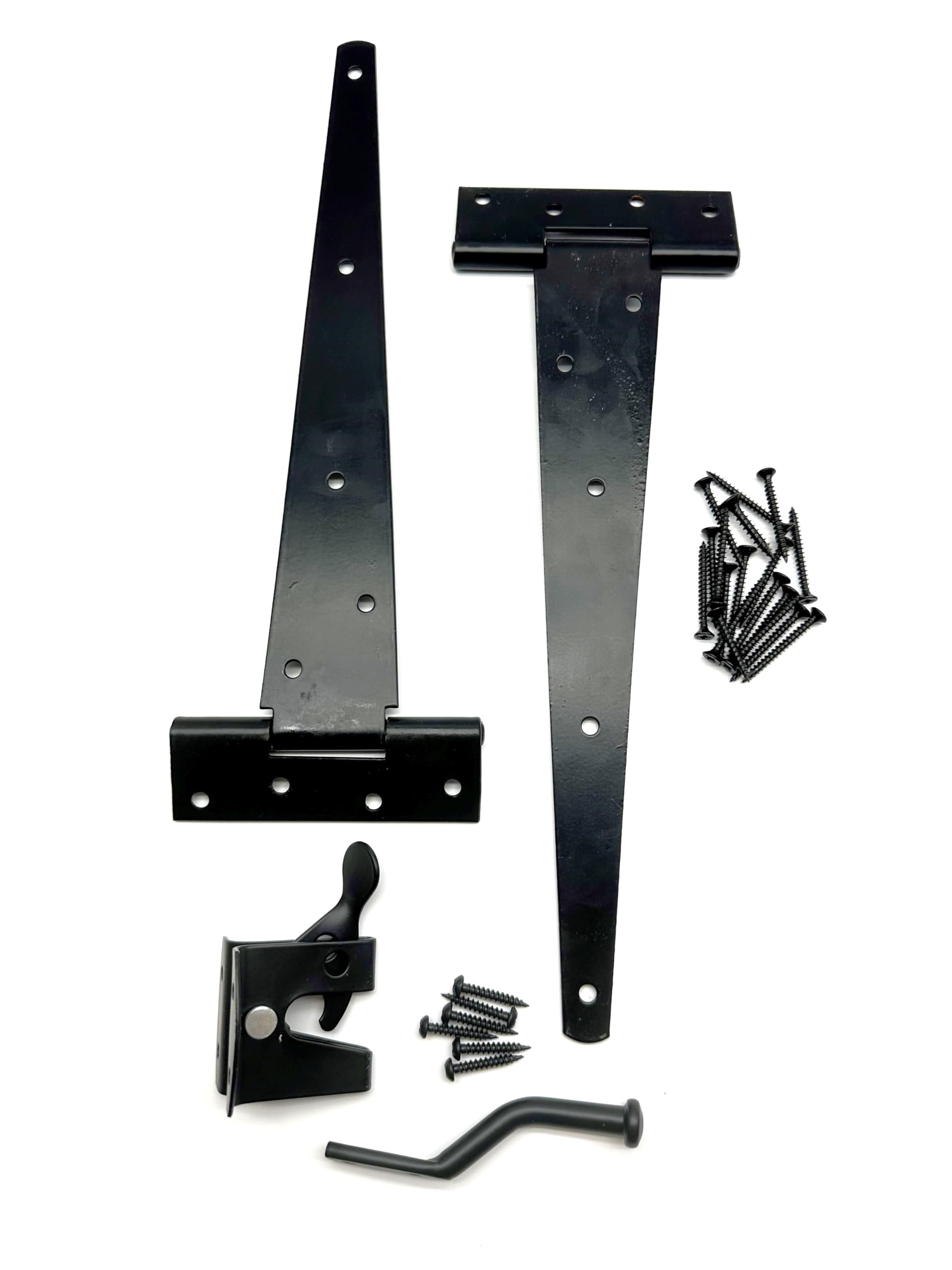 Heavy Duty Garden Gate Black Hinge Pack. 2X 12 Tee Hinges, Auto Close Latch and All Fixings. Hanging Kit for Gates and Doors. Japanned Corrosion and Weather Resistant External Hinge Set.