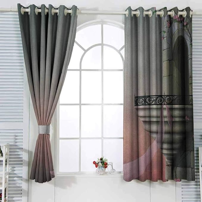 Cortina aislada con diseño de torre gótica antigua con balcón de estilo