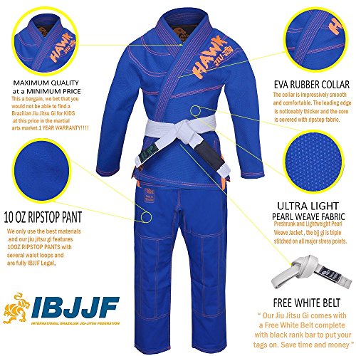 Kids Brazilian Jiu Jitsu Gi Children BJJ Gi Kimonos Lightweight Free White Belt! (K4, Blue) - Thumbnail 3