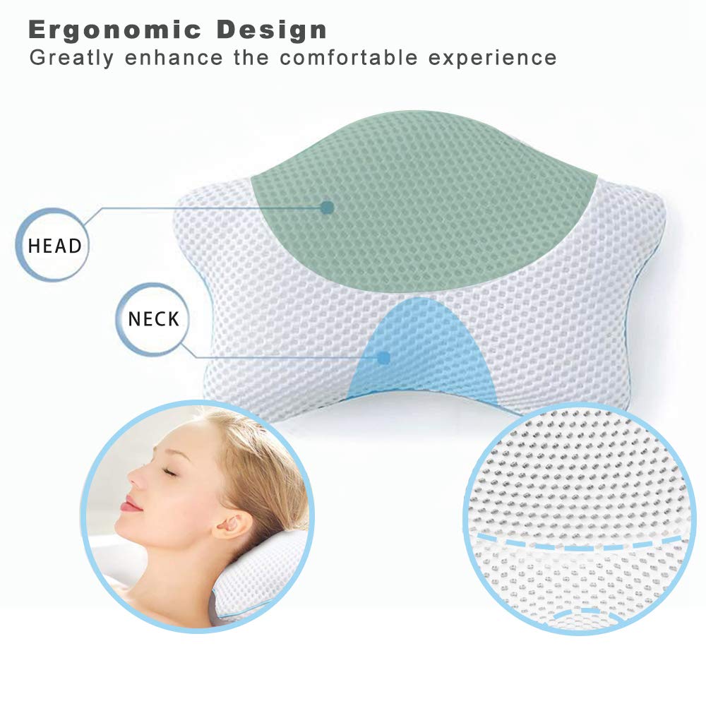 Non Slip Bath Pillow, Luxury Spa Bathtub Head & Neck Rest Support, Permeable Quick Drying Air Mesh Tub Pillow with 4 Large Suction Cups, Whirlpool, Jacuzzi & Standard Tubs, Soft and Relaxing: Beauty