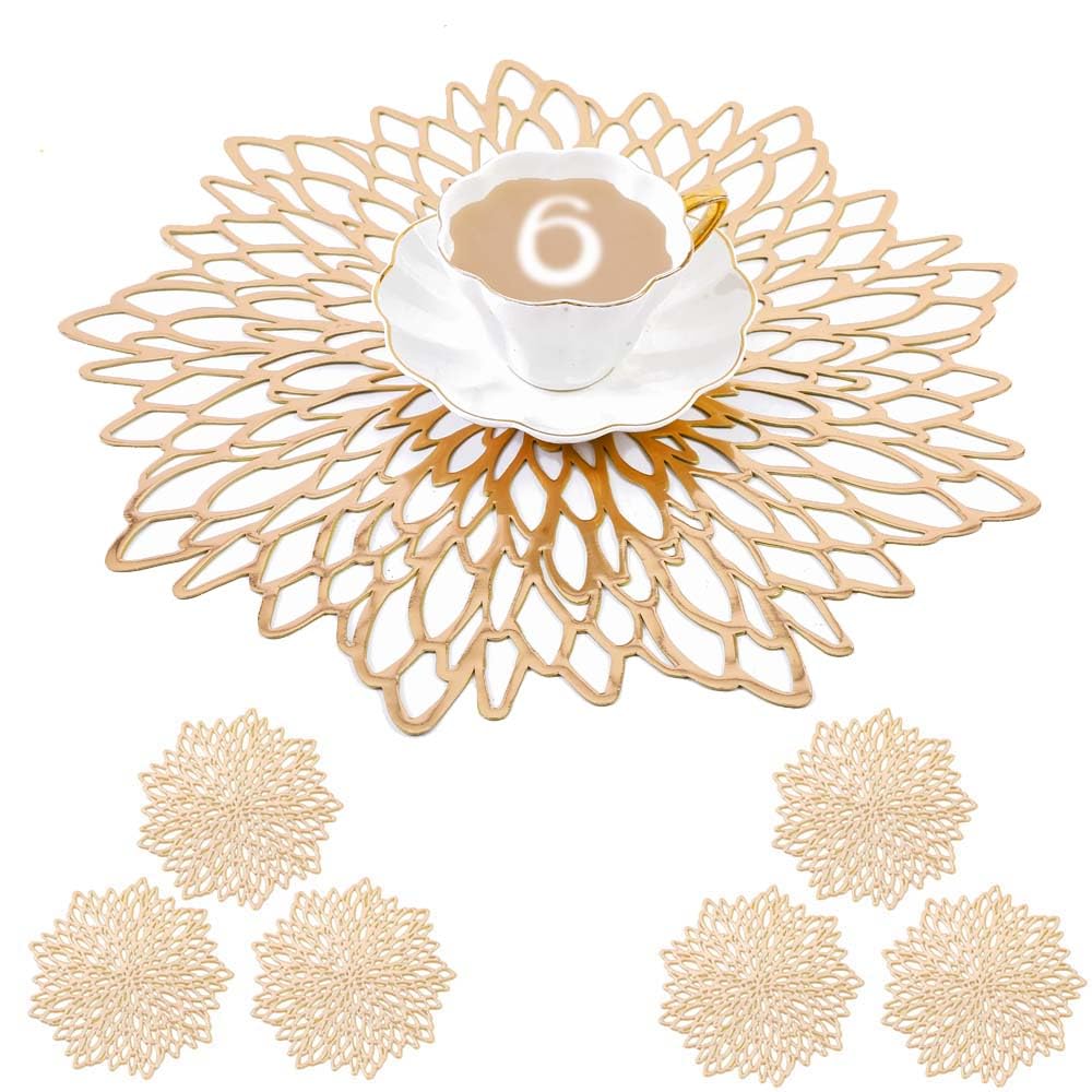 MANGATA Gold Placemats and Coaster Sets of 6, Round Table Placemats for Christmas, Wedding, Dinner Parties, Restaurant, Hotel, 38cm, 15.5inches