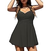 COCOPEAR Women's Elegant Crossover One Piece Swimdress Floral Skirted Swimsuit Matt Black 2XL/14-16