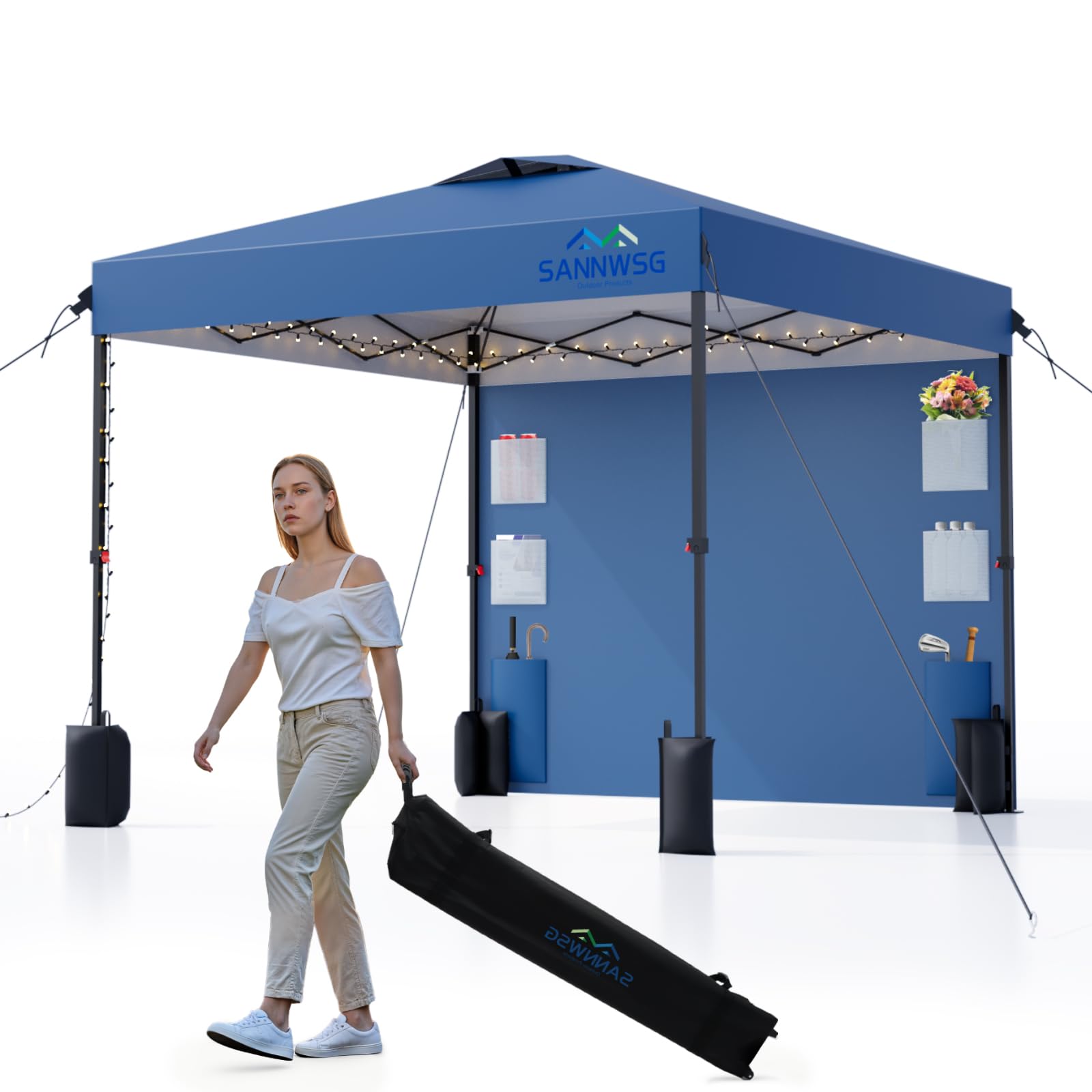Photo 1 of 10X10 Pop Up Canopy Tent,Removable Pockets Sidewall for Extra Storage,Easy Up Canopy,Heavy Duty One Person Set Up Event Tent,Blue