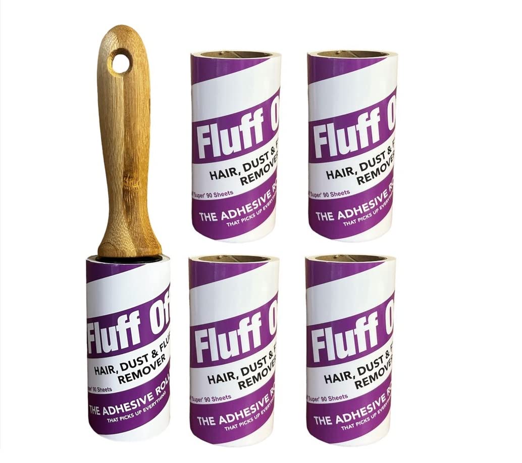 Lint Roller and Refills for Pet Hair - 1 Bamboo Handle and 5 Refills - 90 spiral sheets per roll (450 Sheets in total) - Perfect for removing Pet Hair, Fluff, Dust from clothes, furniture and carpets