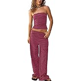 Tankaneo Womens Striped 2 Piece Sets Summer Strapless Crop Tube Tops Wide Leg Pants Matching Lounge Set Vacation Outfits