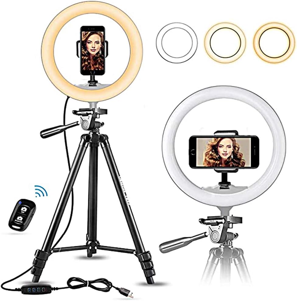 ZHONGLI 10In Selfie Fill Light Rotatable Pan&Tilt Ring Light with Non-Slip Mat Phone Holder Tripod Stand Rack Dimmable LED 270 Degree Turntable Light 3 Modes Lighting Makeup