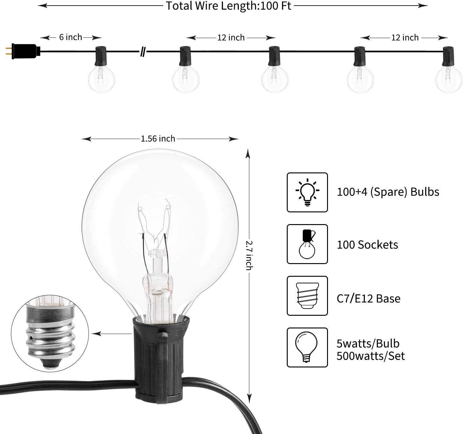 Brightown Outdoor Patio String Lights-100Ft G40 Backyard Lights with 104 5W Edison Clear Bulbs(4 Spare), UL listed Waterproof Hanging Lights for Balcony Porch Bistro Party Decor, C7/E12 Socket, Black : Garden & Outdoor